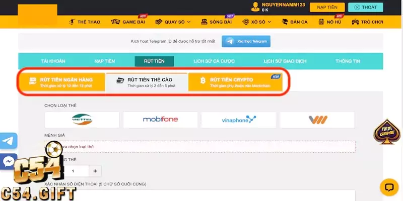 Hướng dẫn chi tiết thao tác rút tiền C54 nhanh chóng và an toàn 2 Các hình thức rút tiền tại C54 phổ biến nhất